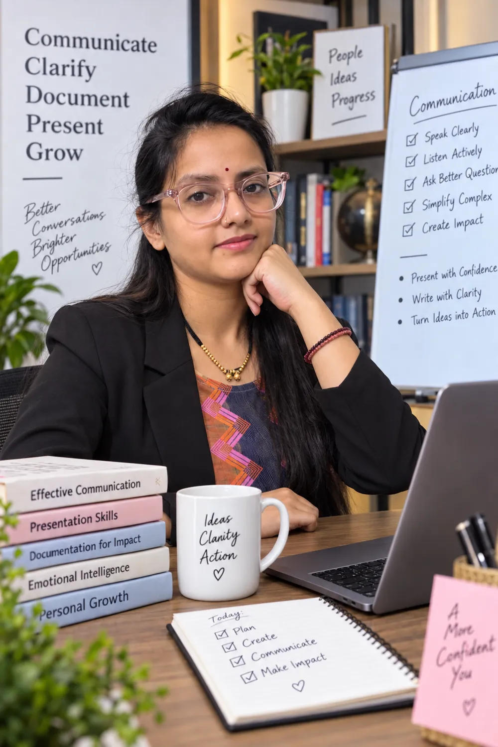 Sapna beside a communication checklist for clearer workplace messages