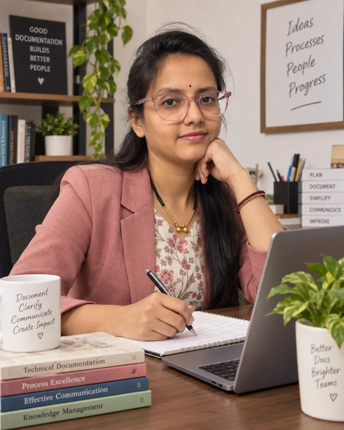 Sapna writing and reviewing a document at her desk