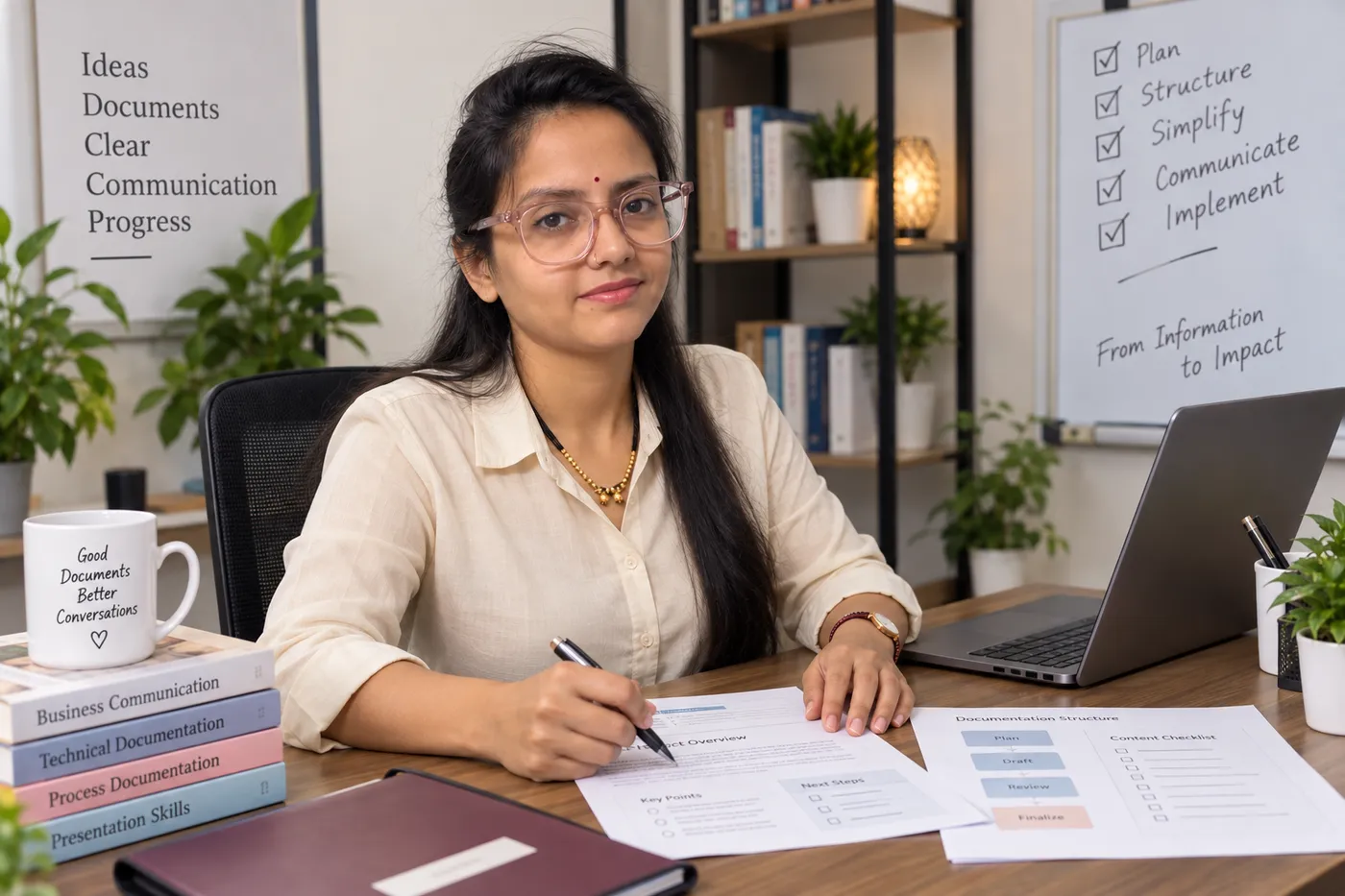 Sapna reviewing working documents and planning their structure at her desk